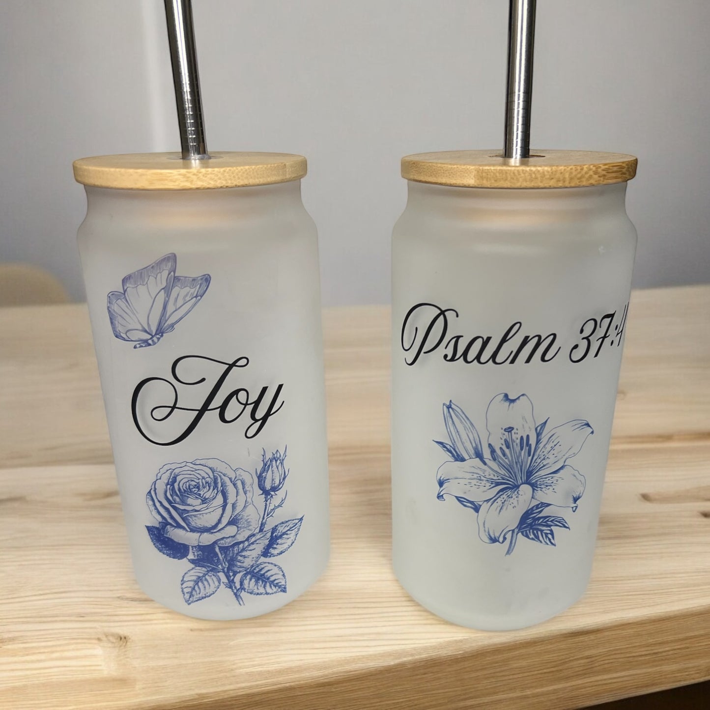 Beautiful frosted tumbler and Bible verse