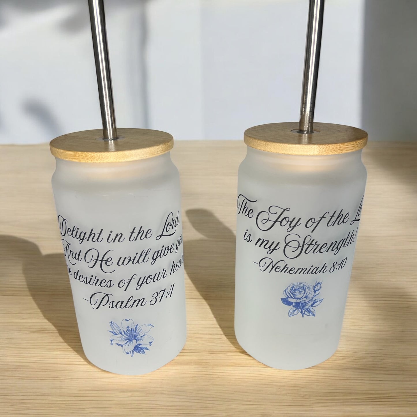 Beautiful frosted tumbler and Bible verse